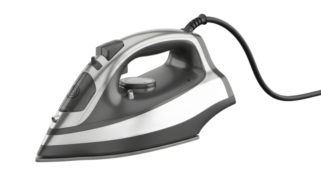 Modern Silver Electric Iron with Cord on Transparent Background