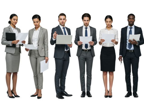 Diverse group of six business professionals standing together holding documents and looking forward isolated on transparent background - Powered by Adobe