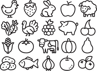 Collection of farm animals and produce line art icons