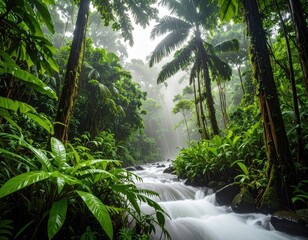 Lush tropical rainforest with a flowing stream