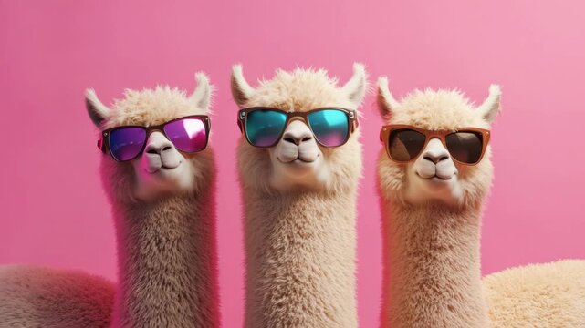 Three fluffy alpacas with sunglasses pink background, cool and funny animal portrait with colorful glasses and fluffy fur, summer vibe and playful mood, posing together with playful and cool