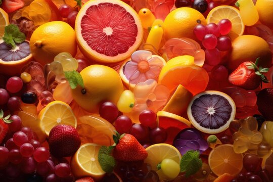 Mix of fresh fruit and gummy candies creates a colorful and tempting assortment, appealing to both healthy and indulgent cravings - Powered by Adobe
