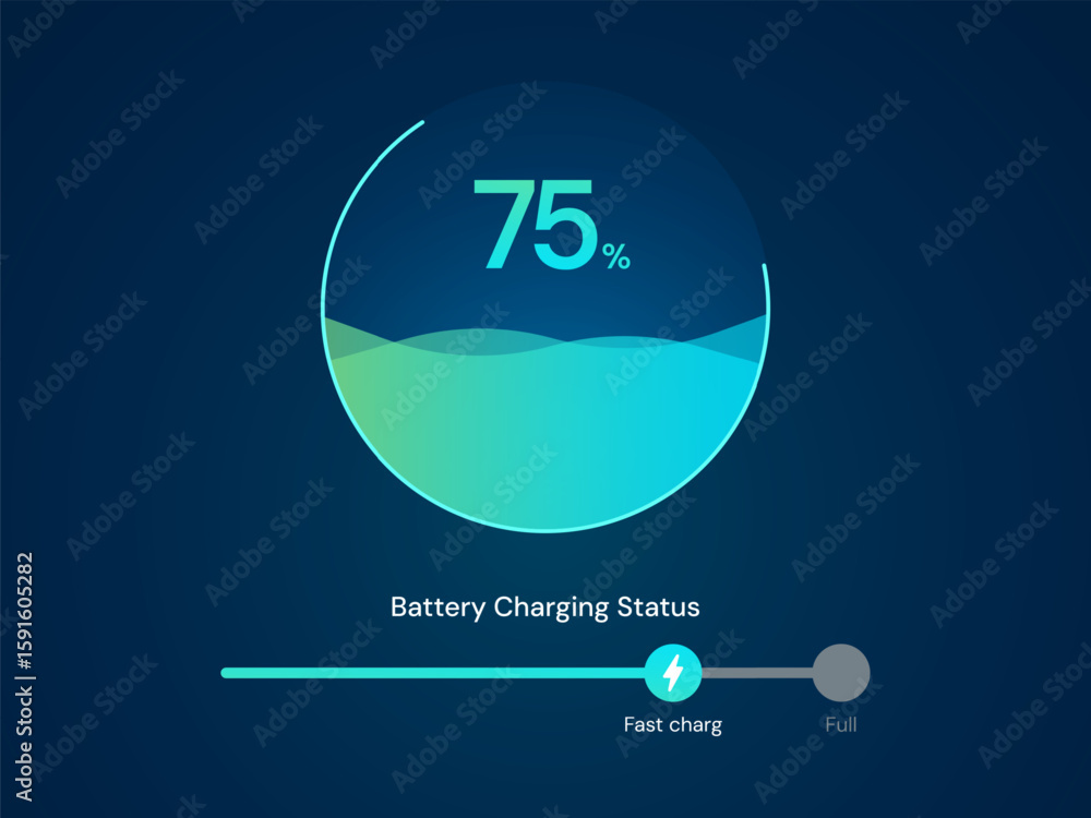 Poster electric vehicle battery charging dashboard hologram interface with abstract circle round loading ba