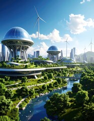 Futuristic eco-city with lush greenery