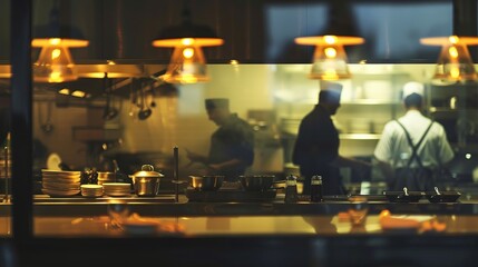 Chefs in fine dining kitchen working in harmony during restaurant service hours