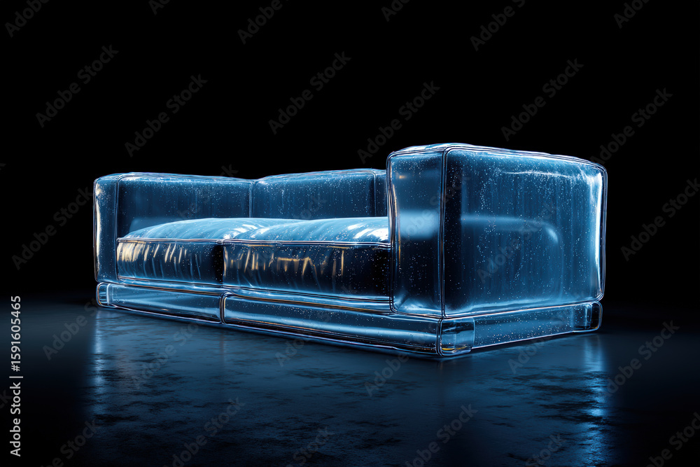 Poster stunning 3d rendering of a transparent, ice-like sofa on a reflective surface.