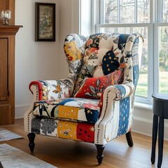 Patchwork wing chair placed against a window near a white wall. Farmhouse home interior design for a modern living room, Generative AI