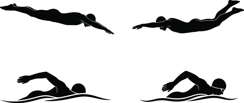Vector art of a collection of swimmer silhouettes in various swimming strokes and diving positions, isolated on white background - Powered by Adobe