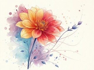 Vibrant watercolor dahlia with delicate blue accents