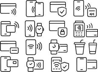 Contactless payment icons showing credit cards phones and watches