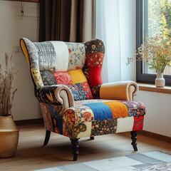 Patchwork wing chair placed against a window near a white wall. Farmhouse home interior design for a modern living room, Generative AI