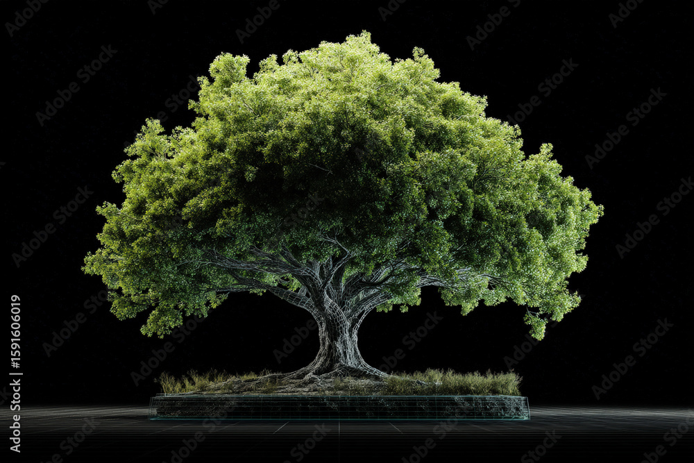 Poster a 3d rendering presents a detailed wireframe tree with green foliage on a black backdrop.