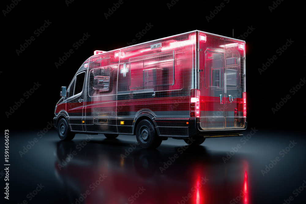 Poster futuristic 3d rendering of a transparent ambulance, reflecting on a dark surface.