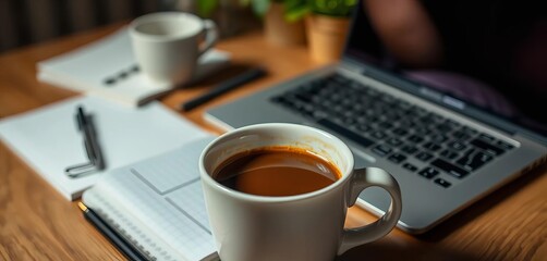 Close-up of coffee in white cup on desk, blurred laptop & notes; late-night work, tired, office