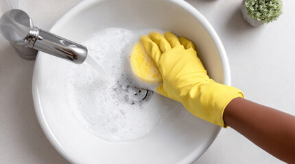 Person wearing yellow glove scrubbing white sink with sponge under running water, representing hygiene, cleanliness, home chores and sanitation in a modern bathroom.