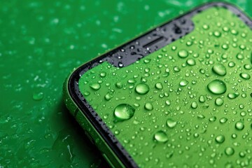 Smartphone with water droplets on green surface