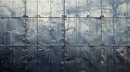 Industrial metal sheet wall with rivets and scratches, cool steel gray .