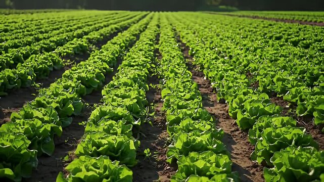 Lush Green Lettuce Field Under Warm Sunlight Agriculture Farm Cultivation Rows of Leafy Crop in Natural Environment