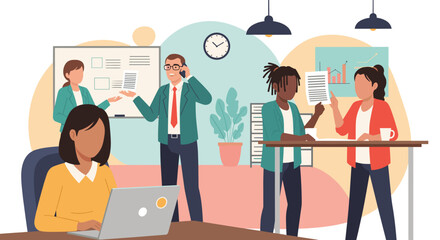 Diverse team collaborating in modern office, perfect for website or presentation.