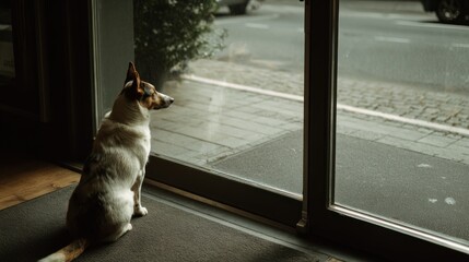 Dog sits by window, looking out