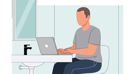 Man working on laptop in bathroom, minimalist illustration for website or blog.