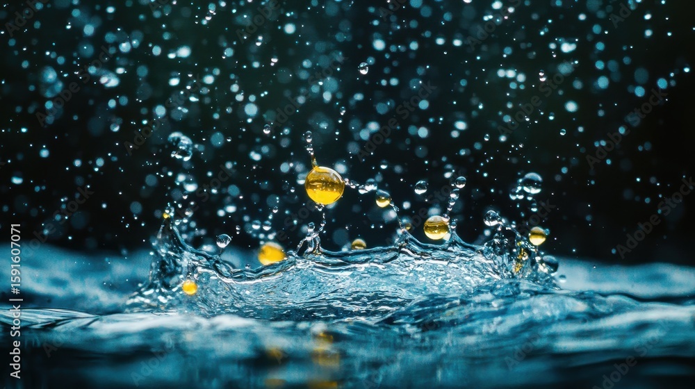Poster splash of water droplets with background bokeh effect in dark setting
