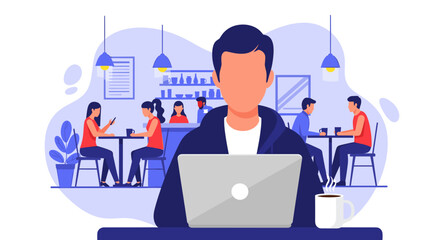 Man working on laptop in a cafe, perfect for website banners or blog posts about remote work or coffee shop culture.