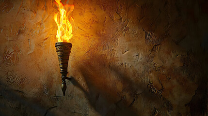 Ancient torch illuminates a textured, dark wall.  Warm glow casts shadows