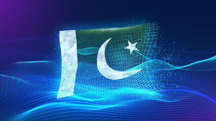 Pakistan A futuristic digital background merging with a national flag symbol, representing the...