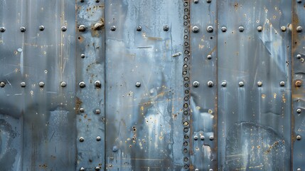Industrial metal sheet wall with rivets and scratches, cool steel gray .