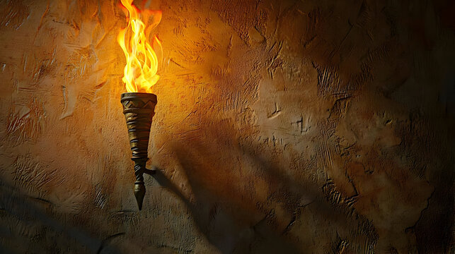 Ancient torch illuminates a textured, dark wall.  Warm glow casts shadows
