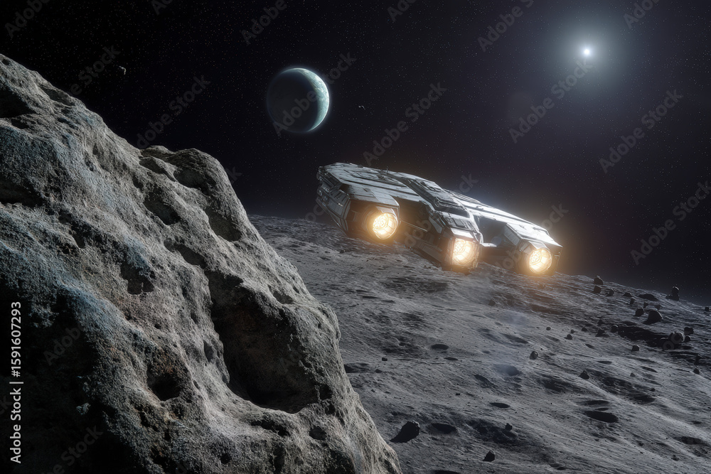 Poster futuristic spaceship exploring a desolate alien moon under the stars.