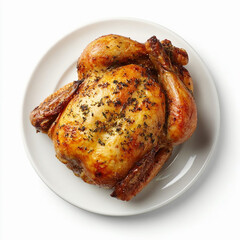 Cooked baked chicken with spices lies on a white plate isolated on a white background