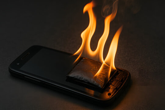 Smartphone battery explosion with fire flames, overheating mobile device malfunction, lithium ion power cell burst, technology hazard, fire risk from damaged battery on dark background, electronics fa