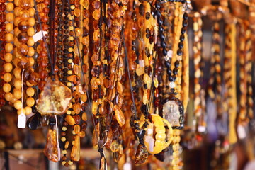 A decorative arrangement of beads hanging from the ceiling