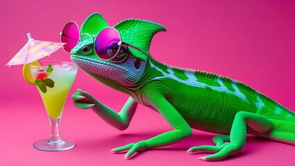 Fashionable Bright Green Chameleon Posing Confidently on a Vibrant Surface – Colorful Reptile with Unique Texture and Style