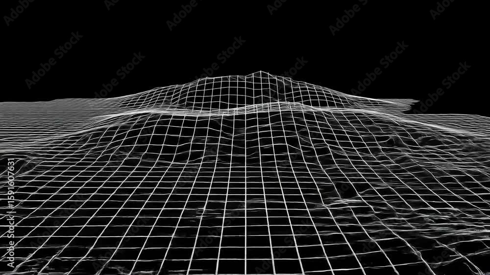 Poster abstract 3d landscape with a grid overlay, creating a digital terrain model against a black backgrou