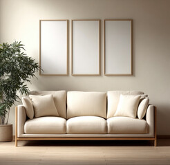 Cream sofa beige pillow wooden frame blank wall art indoor plant minimalist living room natural light cozy atmosphere