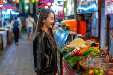 Asian woman enjoying street food at Chiang Mai Walking Street Night Bazaar. Young traveler exploring vibrant night market in Thailand.