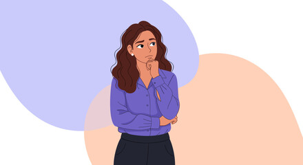 Thoughtful young businesswoman, perfect for websites, blogs, or presentations on decision-making, problem-solving, or business strategy.