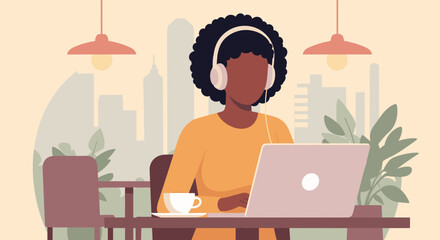 African American woman working on laptop in cafe, perfect for blogs about remote work, freelancing, or digital nomadism.