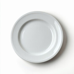 Plain clean round plate on a white background, top view, clean dishes