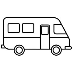Simple line art illustration of a camper van with windows and doors