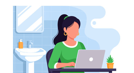 Woman working on laptop in modern bathroom, perfect for remote work, wellbeing, and lifestyle blogs.