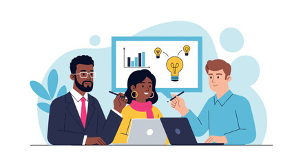 Diverse business team brainstorming ideas, perfect for presentations on teamwork and innovation.