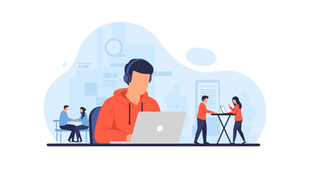 Remote Team Collaboration: Illustration of a diverse team working together remotely, perfect for websites or presentations about remote work.