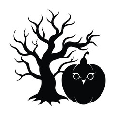 Pumpkin silhouette with twisted tree branches and owl vector silhouette