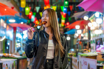 Asian woman enjoying street food at Chiang Mai Walking Street Night Bazaar. Young traveler exploring vibrant night market in Thailand.