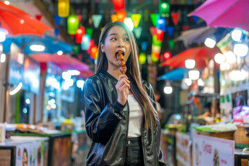 Fototapeta premium Asian woman enjoying street food at Chiang Mai Walking Street Night Bazaar. Young traveler exploring vibrant night market in Thailand.