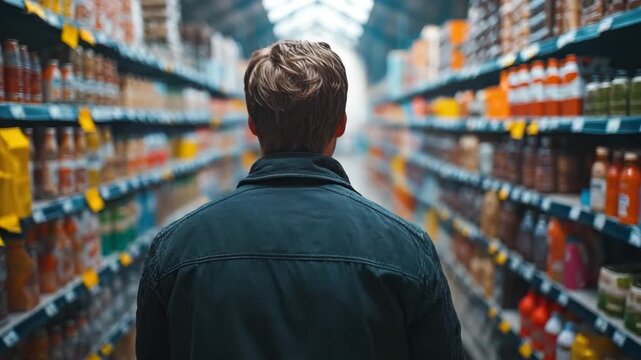 A solitary person walks down a brightly lit retail store corridor stacked with numerous colorful products